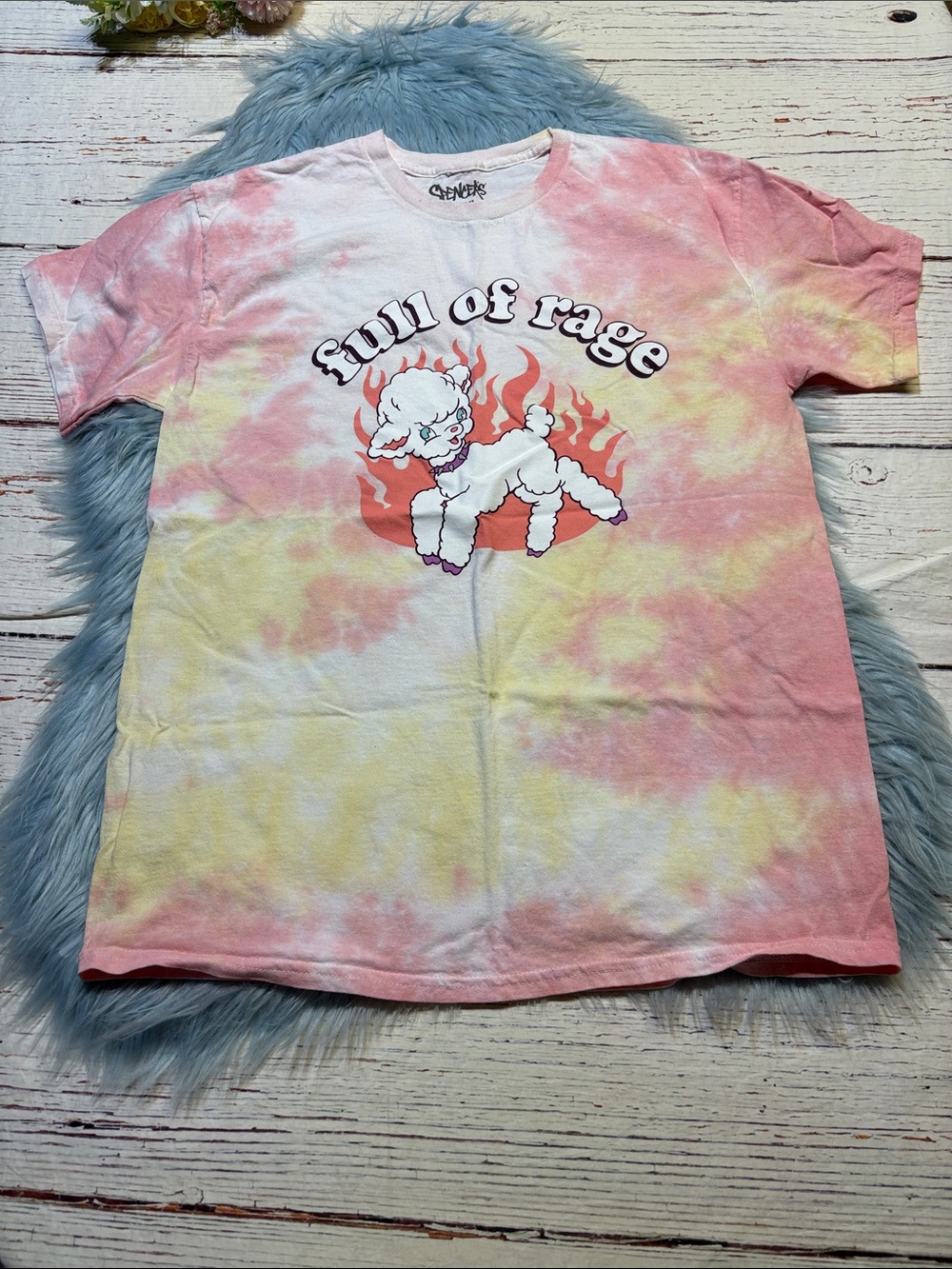 Spencer's Pink & Yellow Tie-Dye "Full of Rage" Lamb Short Sleeve Graphic Tee L
